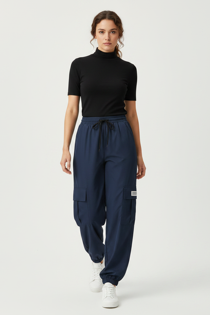Pantalon Fluide Cargo Bleu Marine Ample Cordon - Polyester