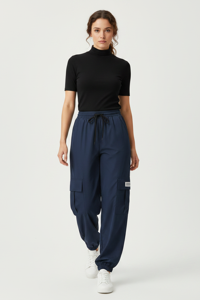 Pantalon Fluide Cargo Bleu Marine Ample Cordon - Polyester