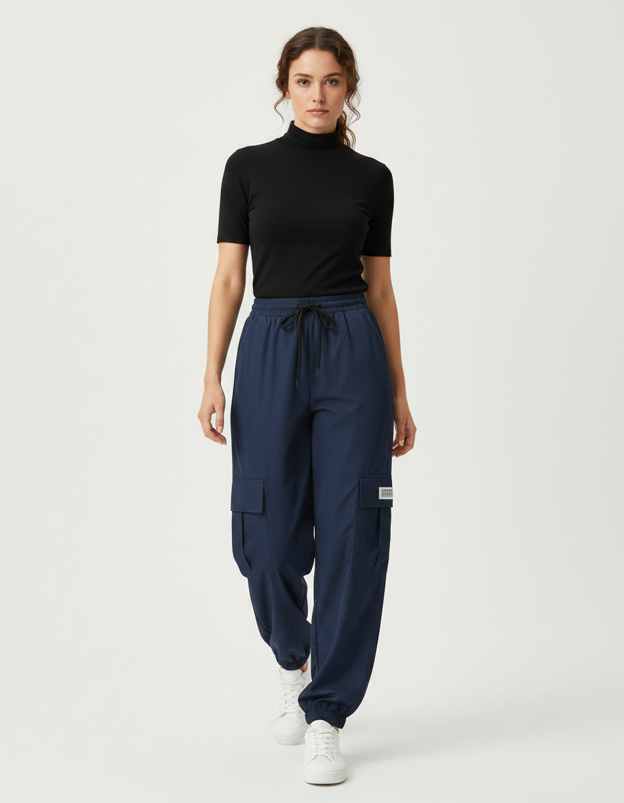 Pantalon Fluide Cargo Bleu Marine Ample Cordon - Polyester