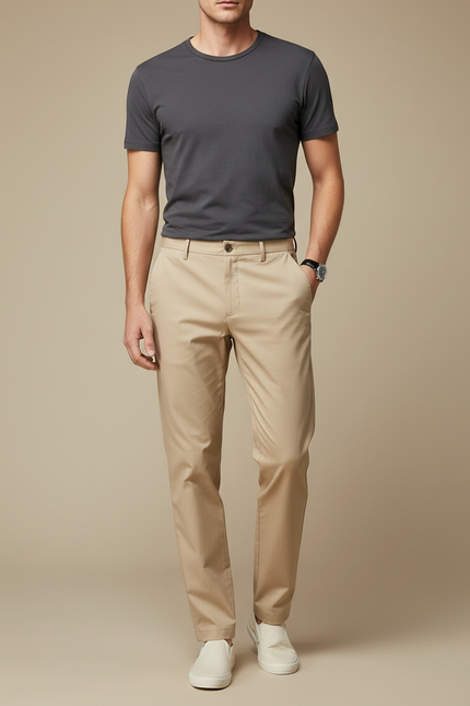 Pantalon Fluide Beige Droit Décontracté Homme Coton