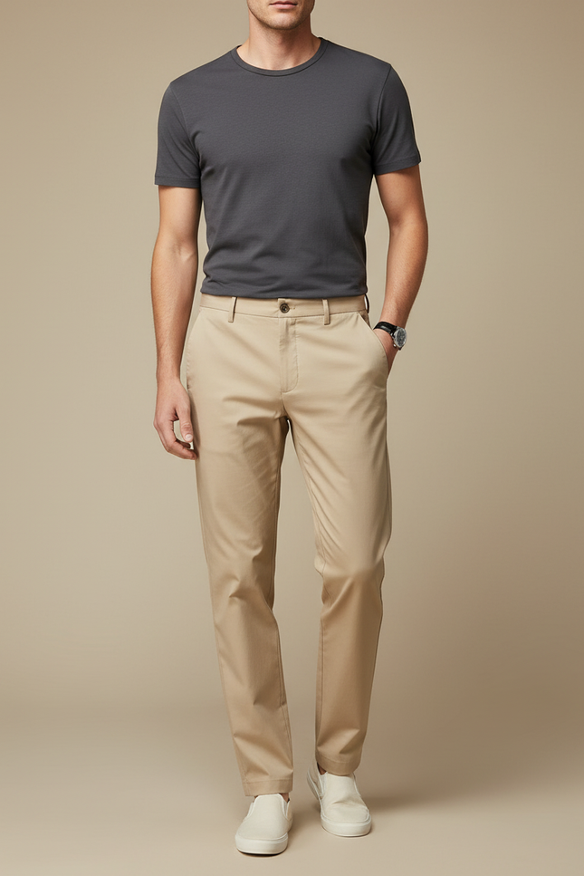 Pantalon Fluide Beige Droit Décontracté Homme Coton