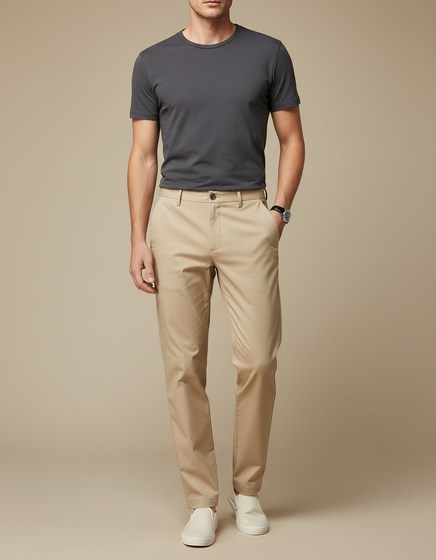 Pantalon Fluide Beige Droit Décontracté Homme Coton