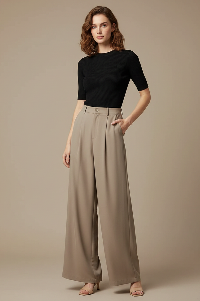 Pantalon Fluide Femme Taille Haute Chic - Beige Polyester