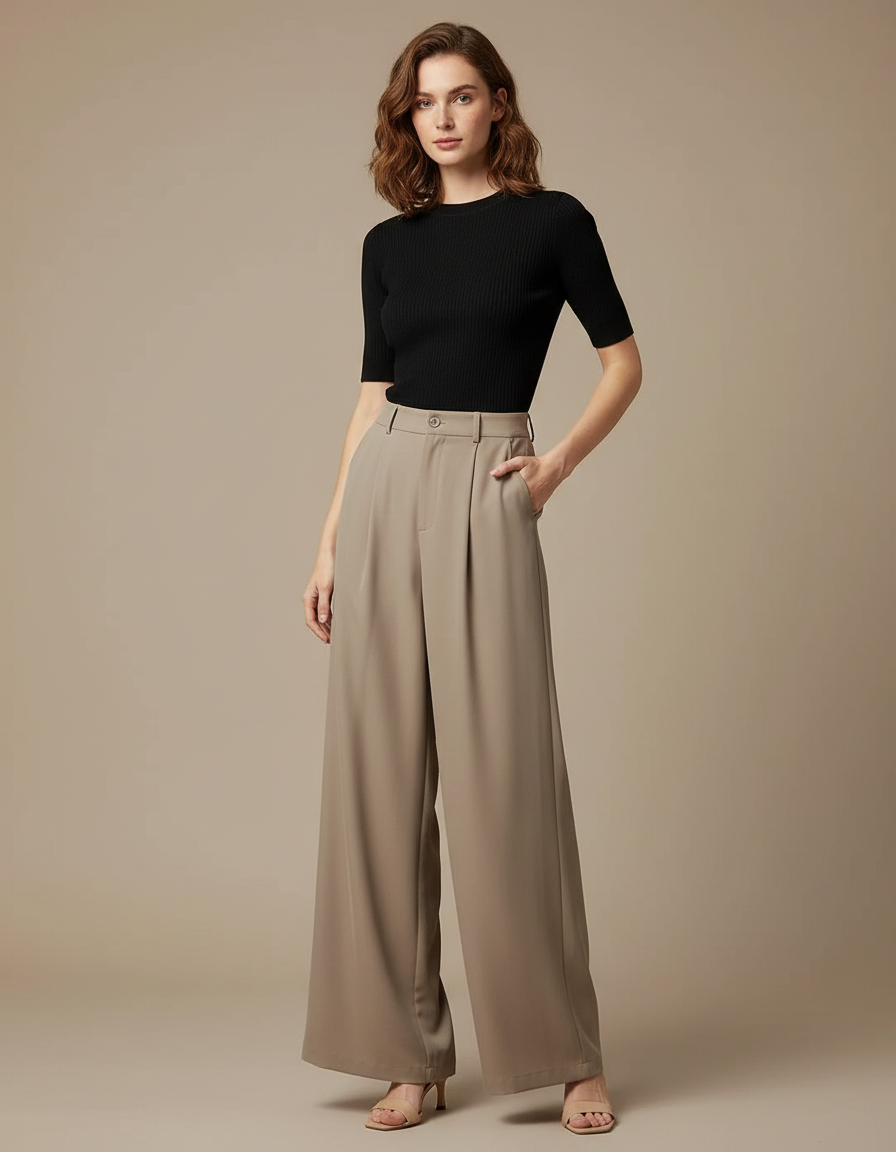 Pantalon Fluide Femme Taille Haute Chic - Beige Polyester