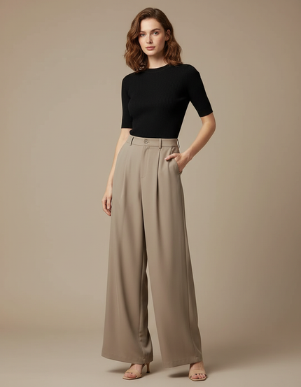 Pantalon Fluide Femme Taille Haute Chic - Beige Polyester