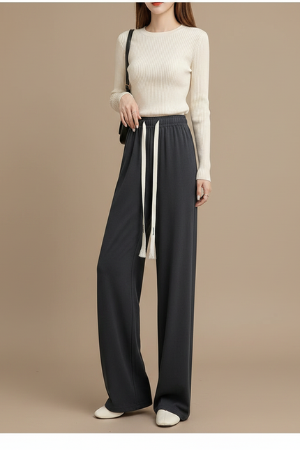 Pantalon Fluide Ample Décontracté Gris Cordon - Maille