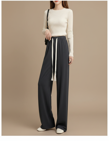 Pantalon Fluide Ample Décontracté Gris Cordon - Maille