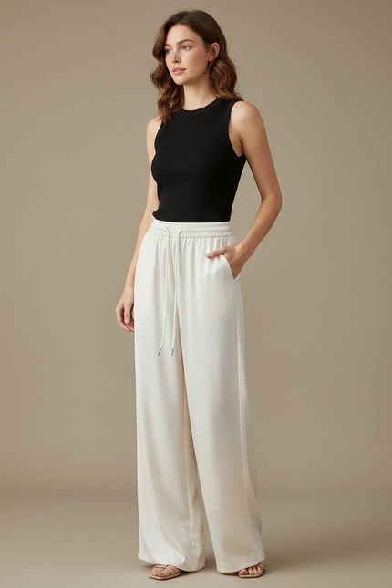 Pantalon Fluide Écru Satiné Ample Jacquard Femme - Beige