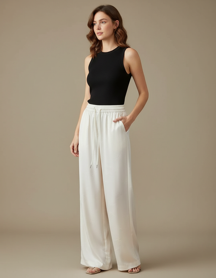 Pantalon Fluide Écru Satiné Ample Jacquard Femme - Beige