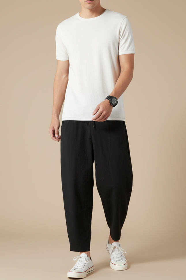 Pantalon Fluide Noir Ample Coton Homme Décontracté