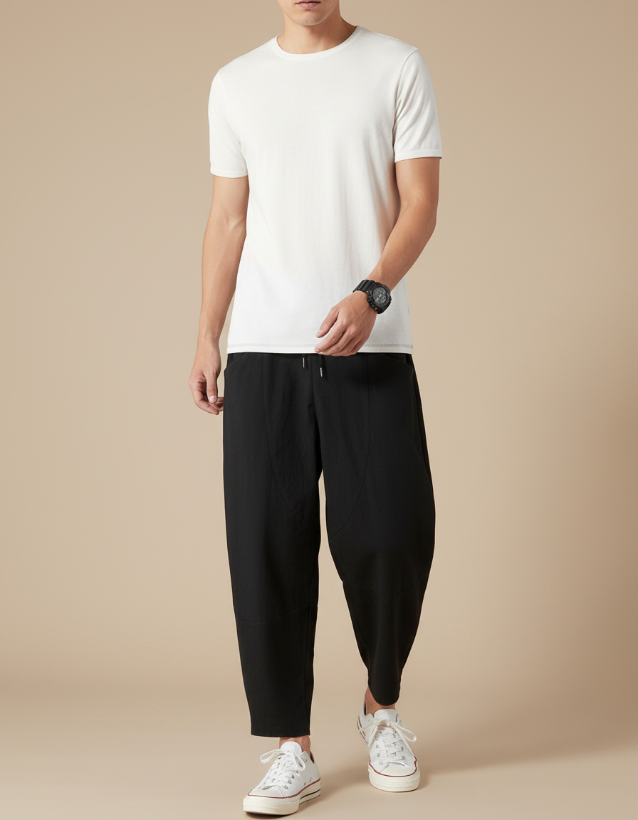 Pantalon Fluide Noir Ample Coton Homme Décontracté