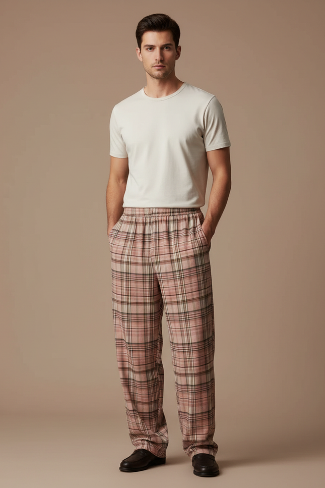 Pantalon Fluide Carreaux Rose Ample Décontracté Homme - Coton