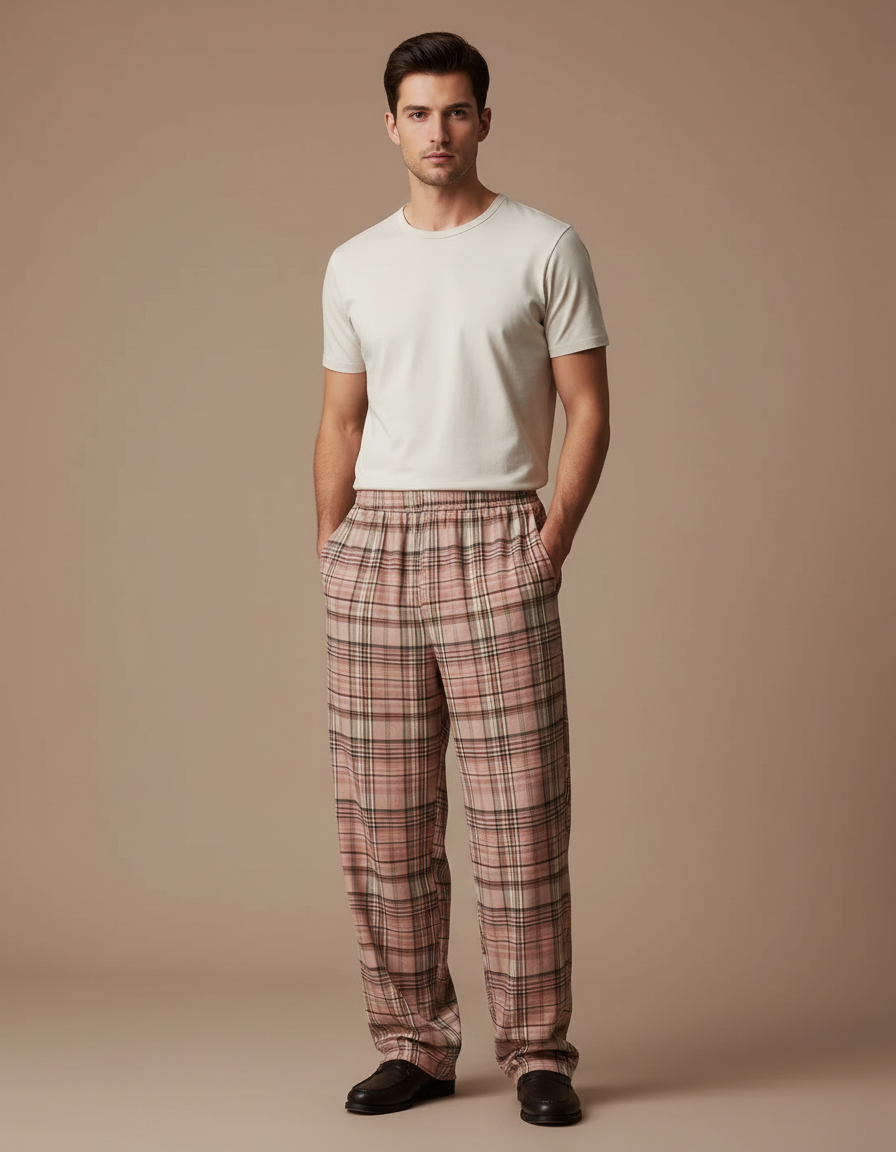 Pantalon Fluide Carreaux Rose Ample Décontracté Homme - Coton