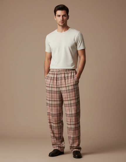 Pantalon Fluide Carreaux Rose Ample Décontracté Homme - Coton