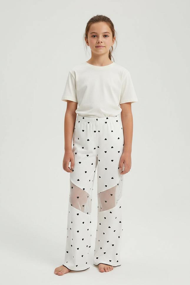 Pantalon Fluide Blanc Cœur Maille Ample
