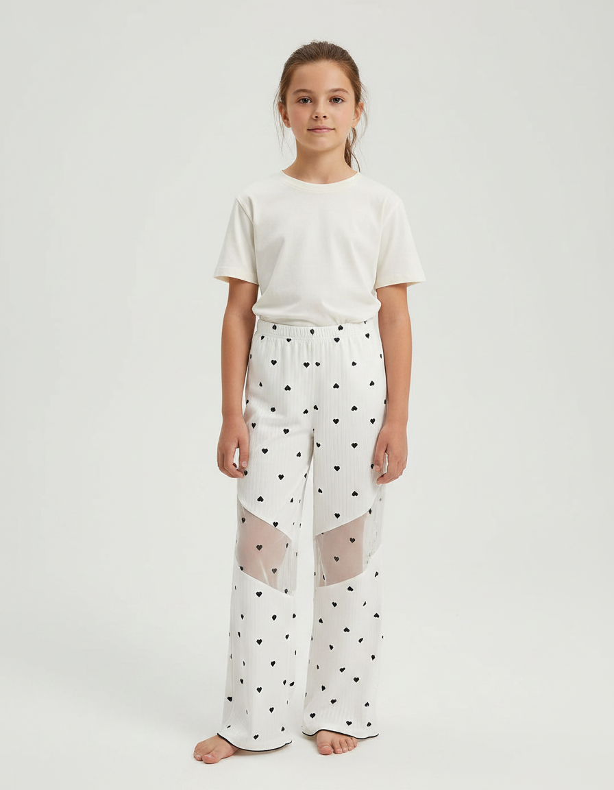 Pantalon Fluide Blanc Cœur Maille Ample