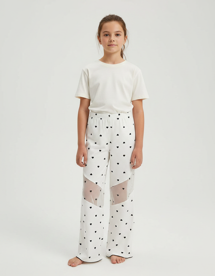Pantalon Fluide Blanc Cœur Maille Ample