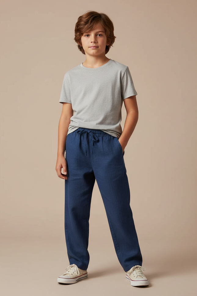 Pantalon Fluide Bleu Marine Lin Ample Garçon
