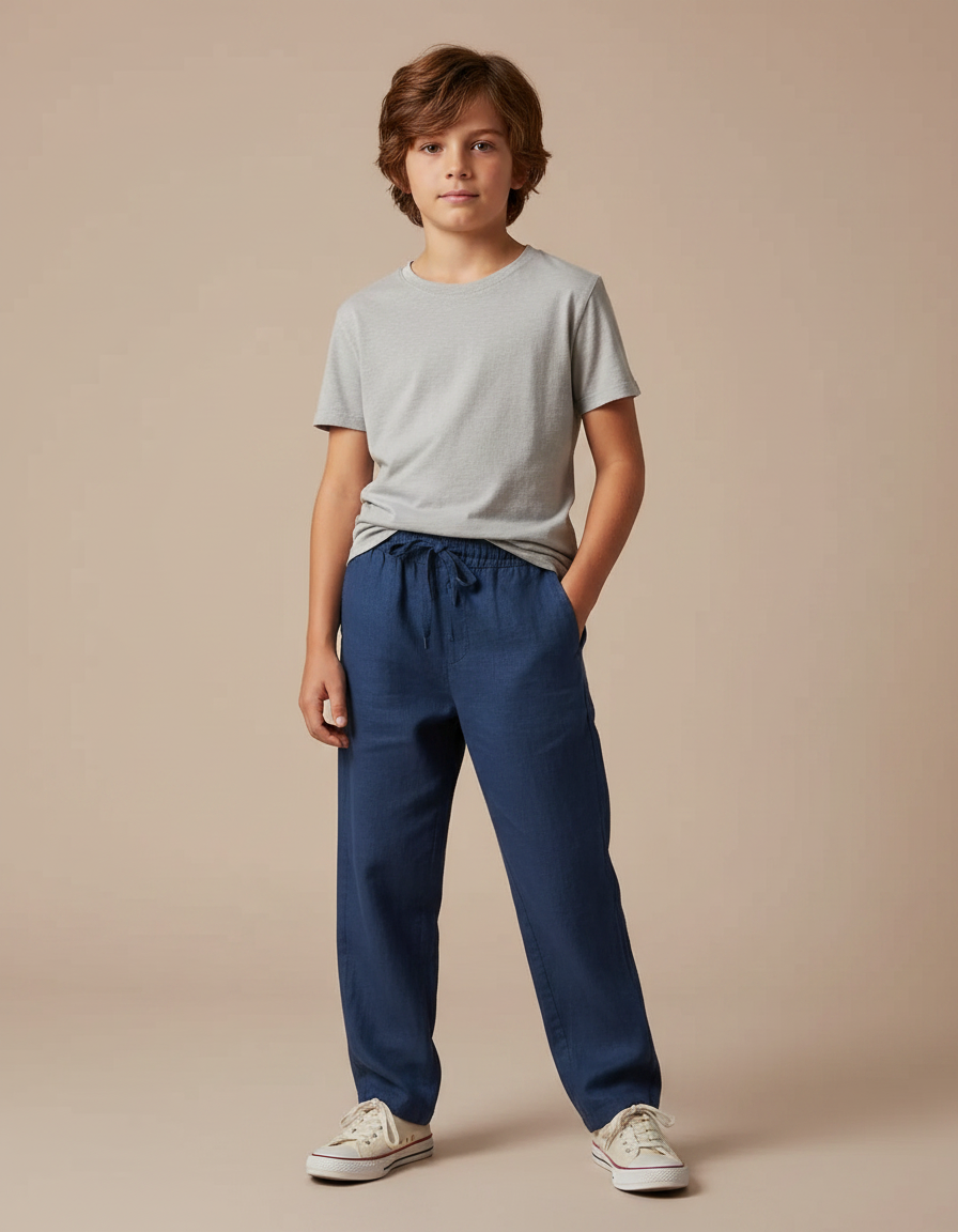 Pantalon Fluide Bleu Marine Lin Ample Garçon