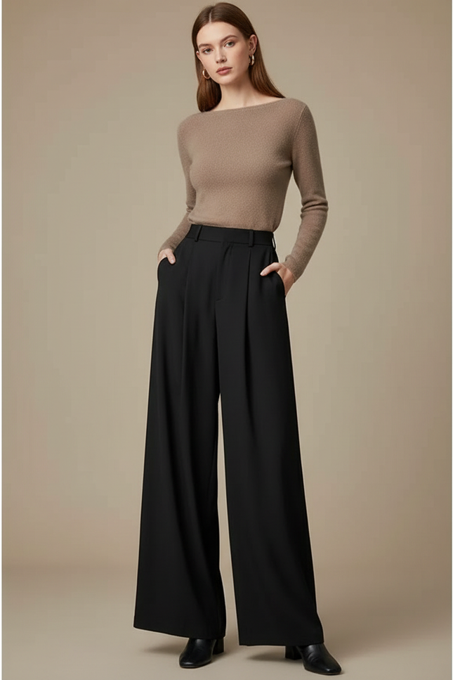 Pantalon Fluide Femme Noir Palazzo Viscose