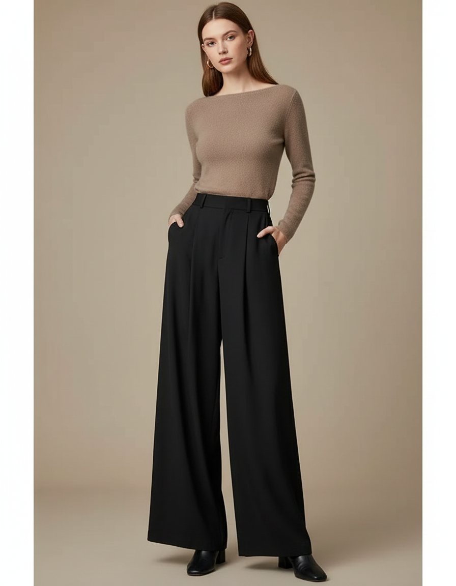 Pantalon Fluide Femme Noir Palazzo Viscose