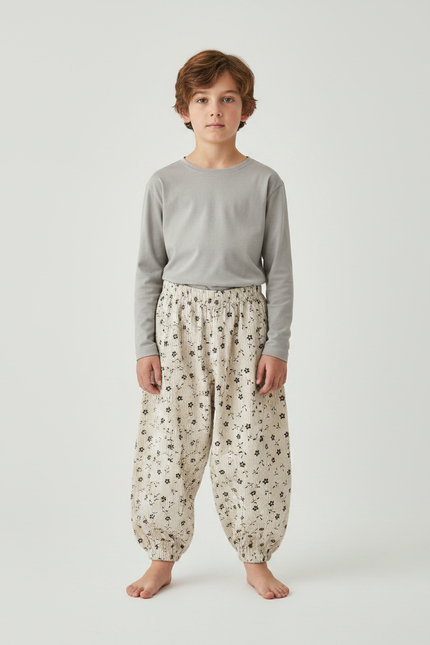 Pantalon Fluide Côtelé Beige Ample Fleuri Enfant - Cordé