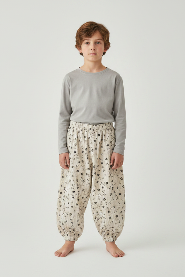 Pantalon Fluide Côtelé Beige Ample Fleuri Enfant - Cordé