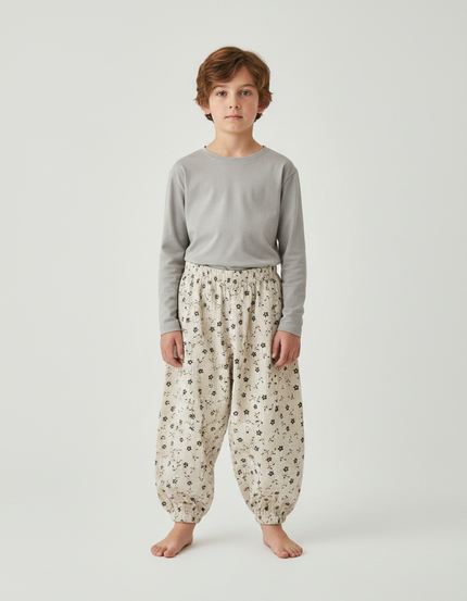 Pantalon Fluide Côtelé Beige Ample Fleuri Enfant - Cordé