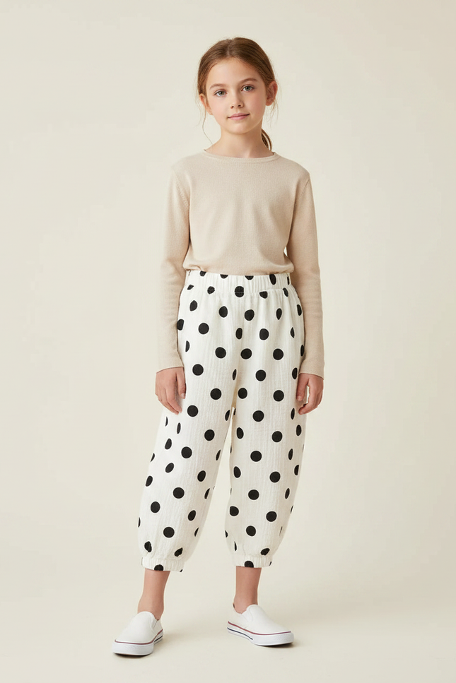 Pantalon Fluide Blanc Pois Noirs Ample Coton Enfant - Imprimé