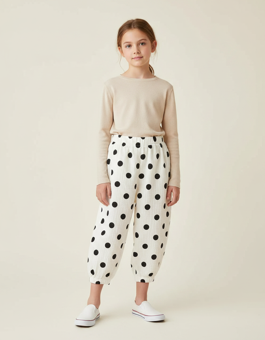 Pantalon Fluide Blanc Pois Noirs Ample Coton Enfant - Imprimé