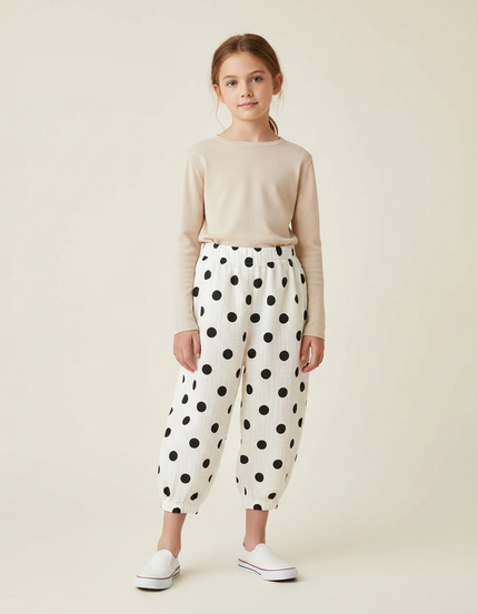 Pantalon Fluide Blanc Pois Noirs Ample Coton Enfant - Imprimé
