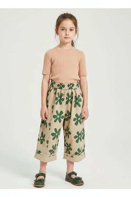 Pantalon Fluide Beige Imprimé Floral Ample Coton Enfant