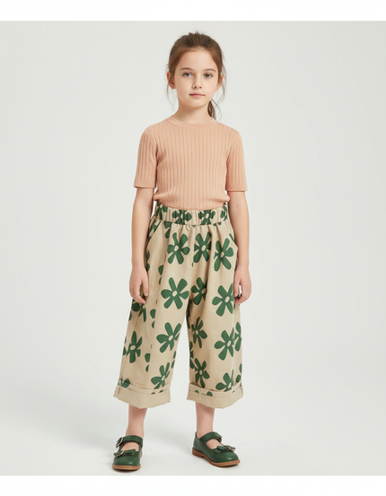Pantalon Fluide Beige Imprimé Floral Ample Coton Enfant