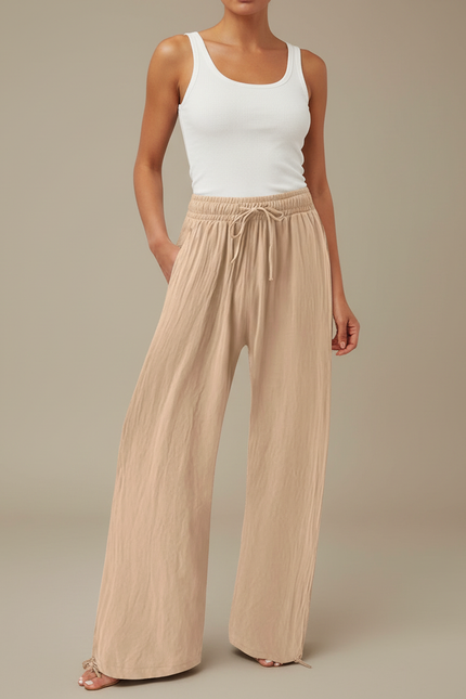 Pantalon Fluide Beige Coton Lin Ample Cordon