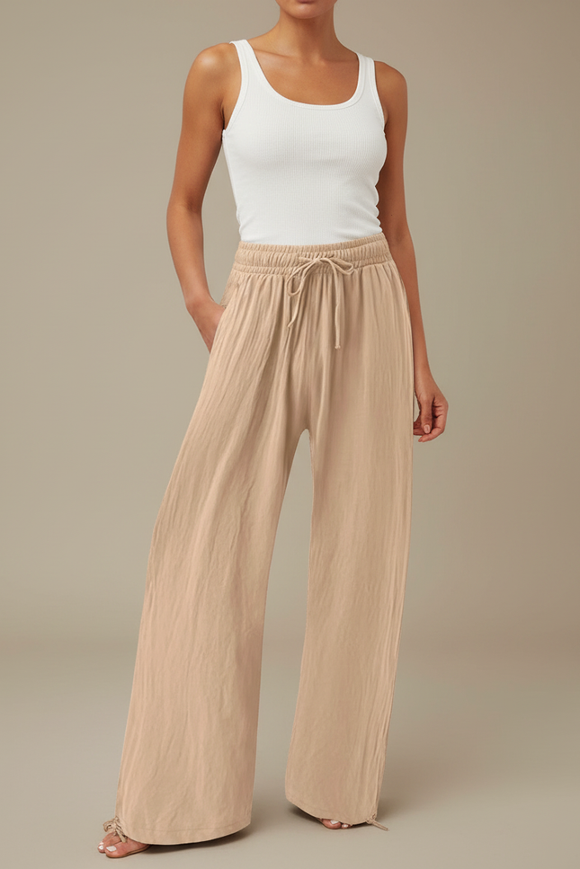 Pantalon Fluide Beige Coton Lin Ample Cordon