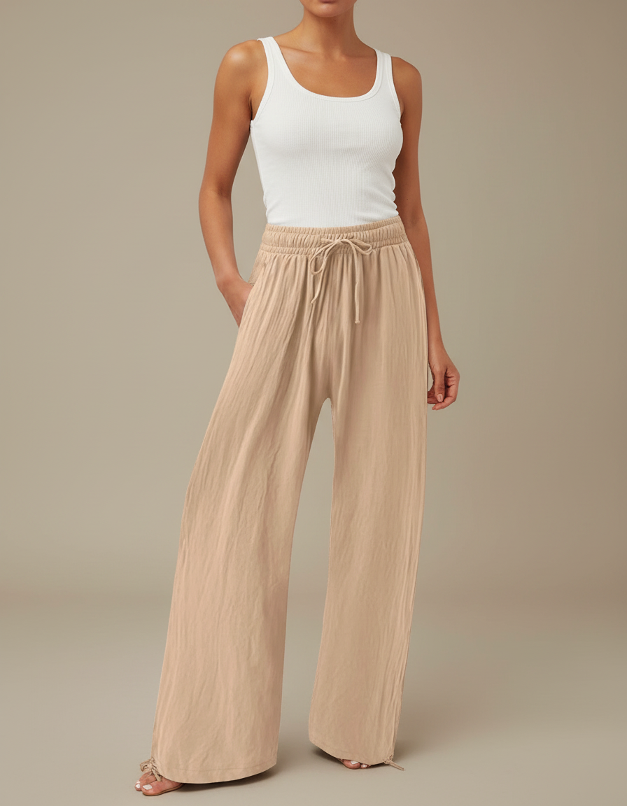 Pantalon Fluide Beige Coton Lin Ample Cordon