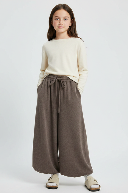 Pantalon Fluide Évasé Marron Ample Cordon Décontracté - Molleton