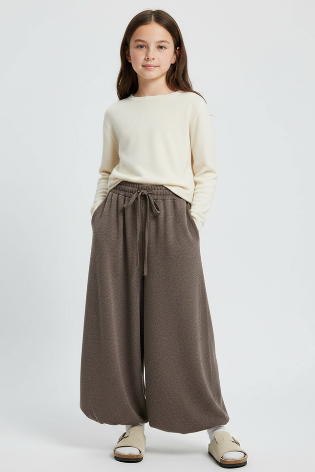 Pantalon Fluide Évasé Marron Ample Cordon Décontracté - Molleton