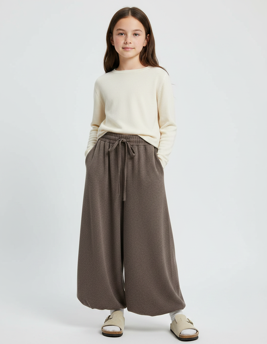 Pantalon Fluide Évasé Marron Ample Cordon Décontracté - Molleton