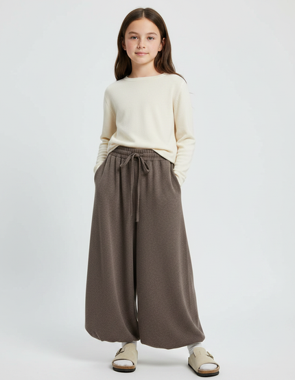 Pantalon Fluide Évasé Marron Ample Cordon Décontracté - Molleton