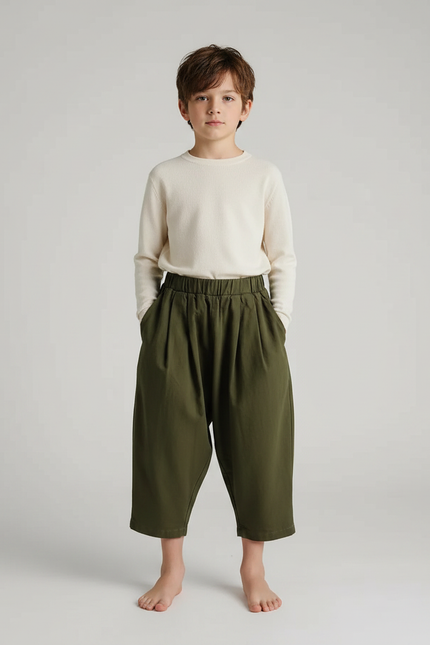 Pantalon Fluide Garçon Kaki Coupe Ample Coton - Molleton