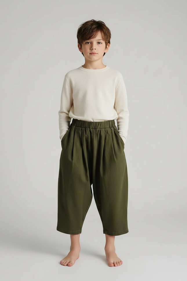 Pantalon Fluide Garçon Kaki Coupe Ample Coton - Molleton