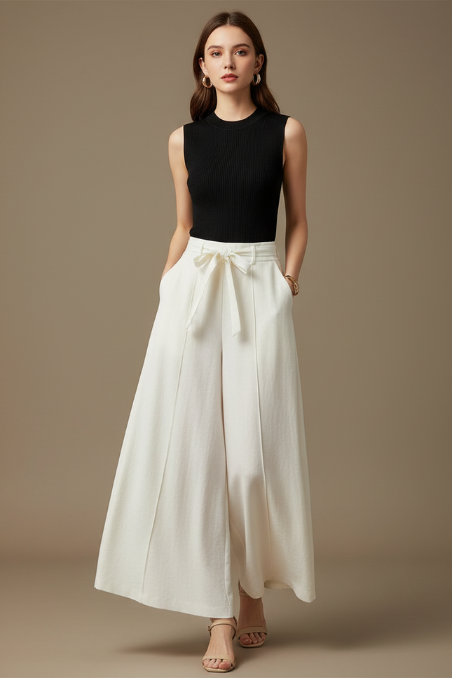 Pantalon Fluide Blanc Ample Taille Haute Casual Femme - Lin