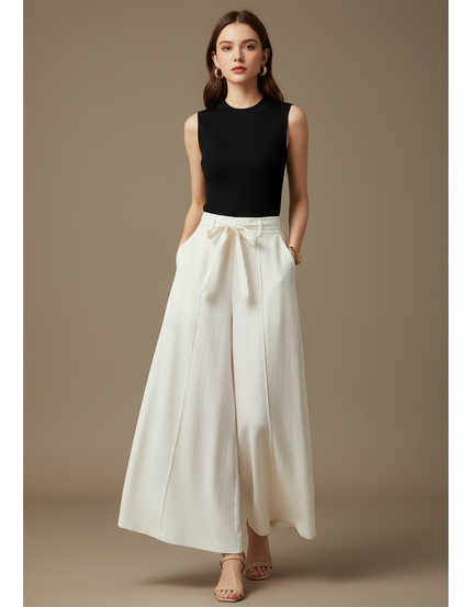 Pantalon Fluide Blanc Ample Taille Haute Casual Femme - Lin