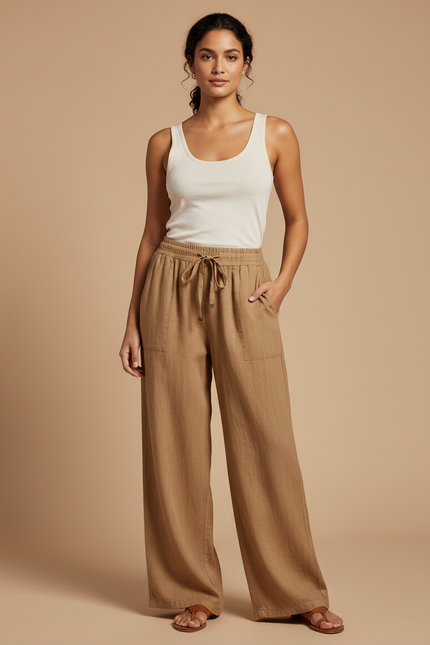 Pantalon Fluide Lin Marron Ample Taille Élastique Décontracté