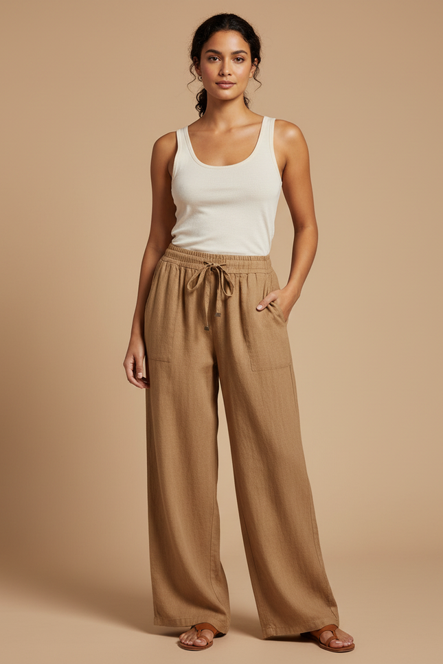 Pantalon Fluide Lin Marron Ample Taille Élastique Décontracté