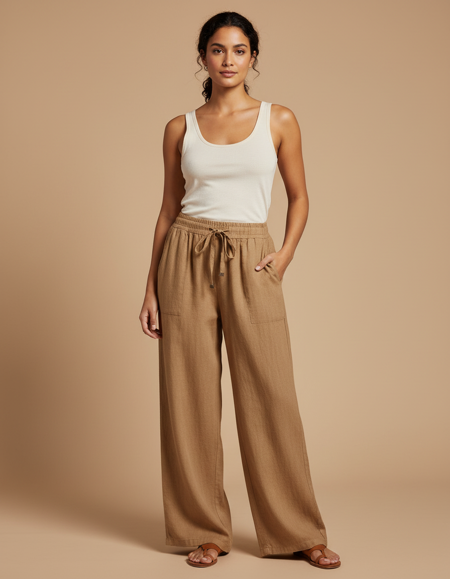 Pantalon Fluide Lin Marron Ample Taille Élastique Décontracté