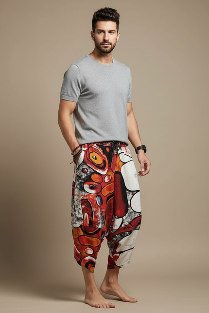Pantalon Fluide Rouge Imprimé Abstrait Harem Coton