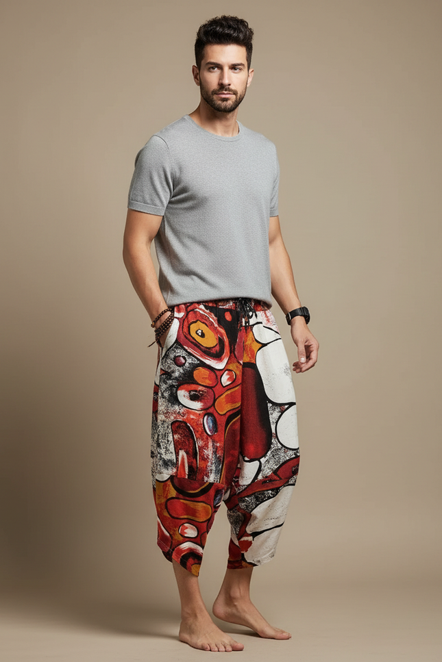 Pantalon Fluide Rouge Imprimé Abstrait Harem Coton