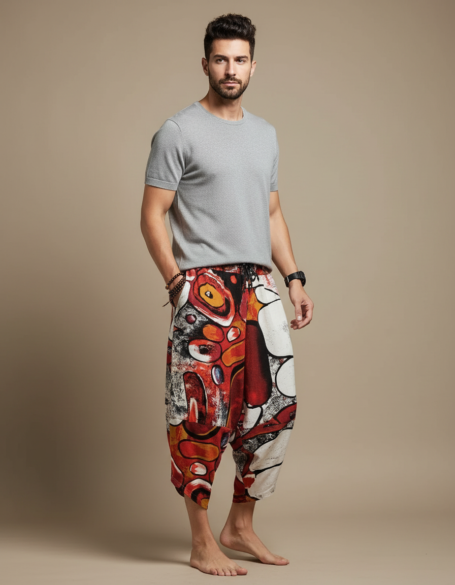 Pantalon Fluide Rouge Imprimé Abstrait Harem Coton